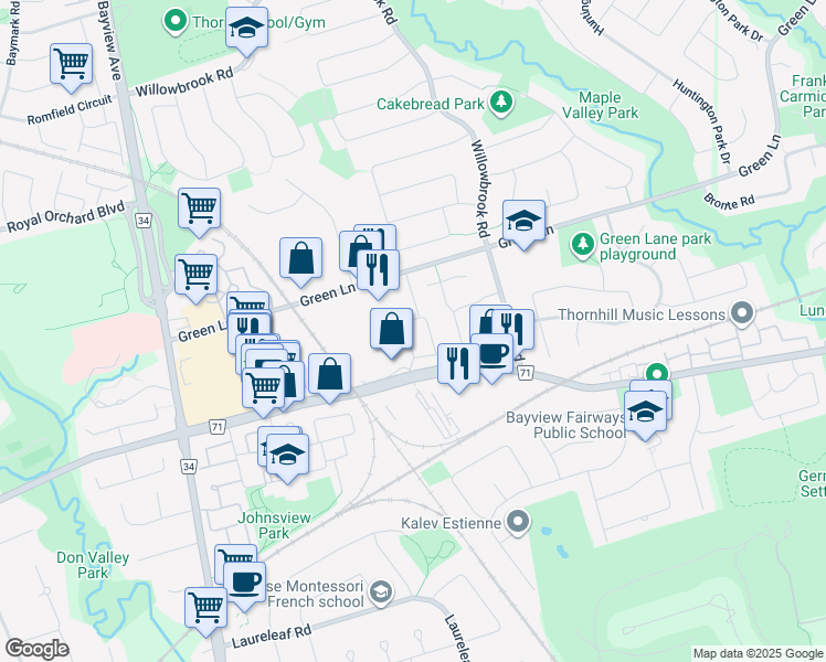 map of restaurants, bars, coffee shops, grocery stores, and more near in Markham