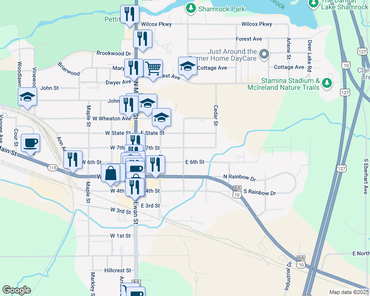 map of restaurants, bars, coffee shops, grocery stores, and more near 303 East 6th Street in Clare