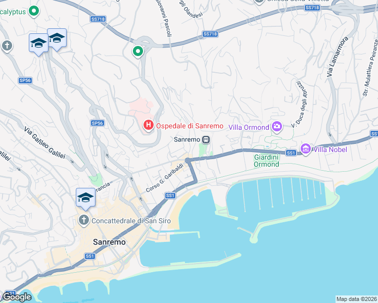 map of restaurants, bars, coffee shops, grocery stores, and more near 22 Corso Felice Cavallotti in Sanremo