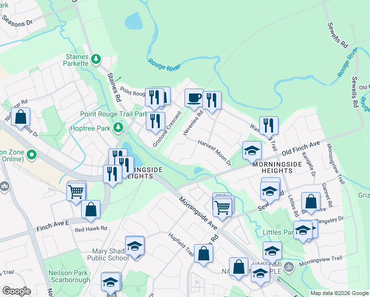 map of restaurants, bars, coffee shops, grocery stores, and more near 102 Misty Hills Trail in Toronto