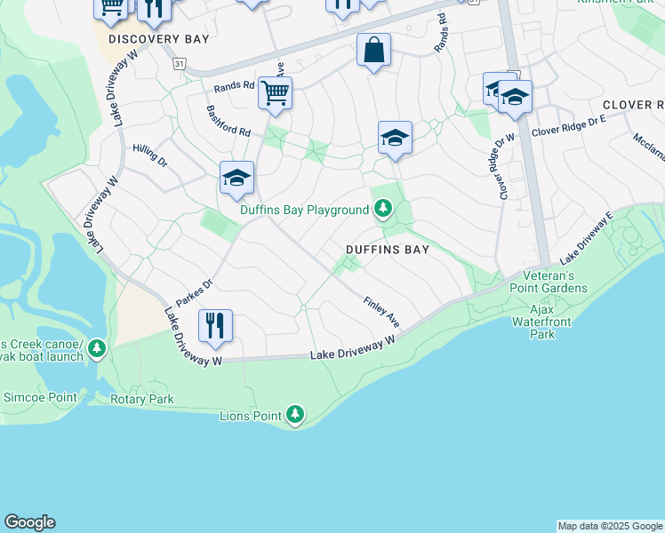 map of restaurants, bars, coffee shops, grocery stores, and more near 947 Finley Avenue in Ajax