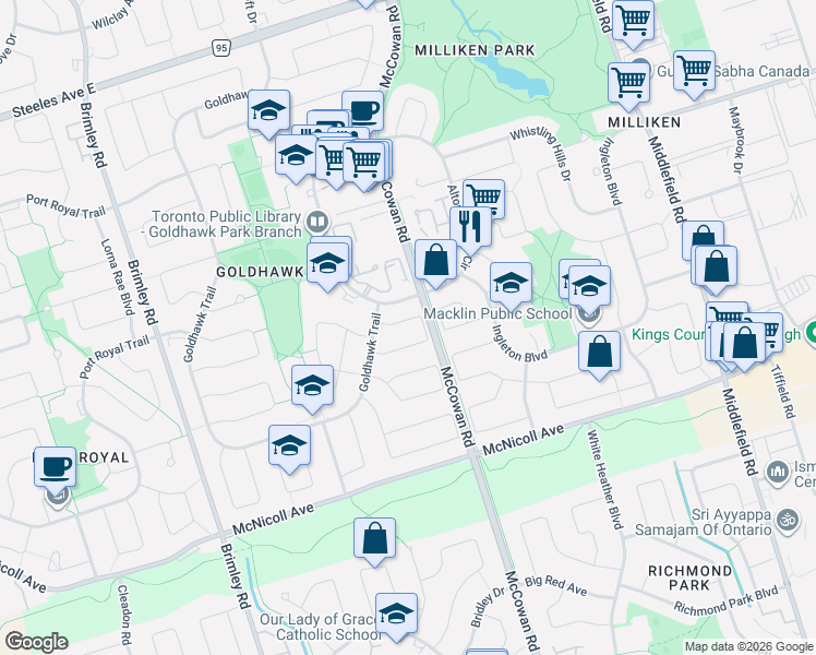 map of restaurants, bars, coffee shops, grocery stores, and more near 52 Danilack Court in Toronto