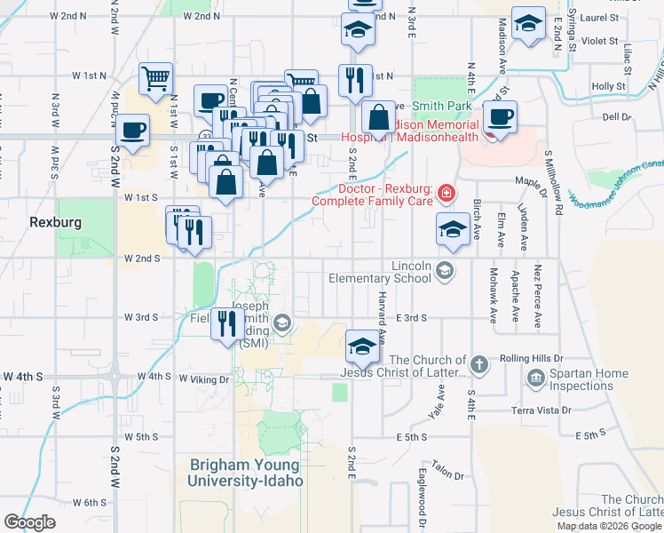 map of restaurants, bars, coffee shops, grocery stores, and more near 236 South 2nd East in Rexburg