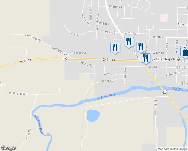 map of restaurants, bars, coffee shops, grocery stores, and more near 103 Prospect Ave in Dell Rapids