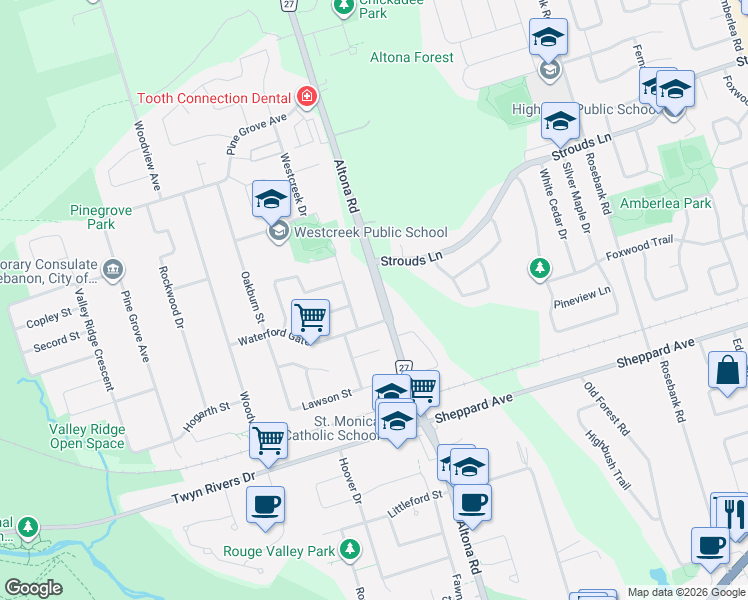 map of restaurants, bars, coffee shops, grocery stores, and more near 1770 Altona Road in Pickering