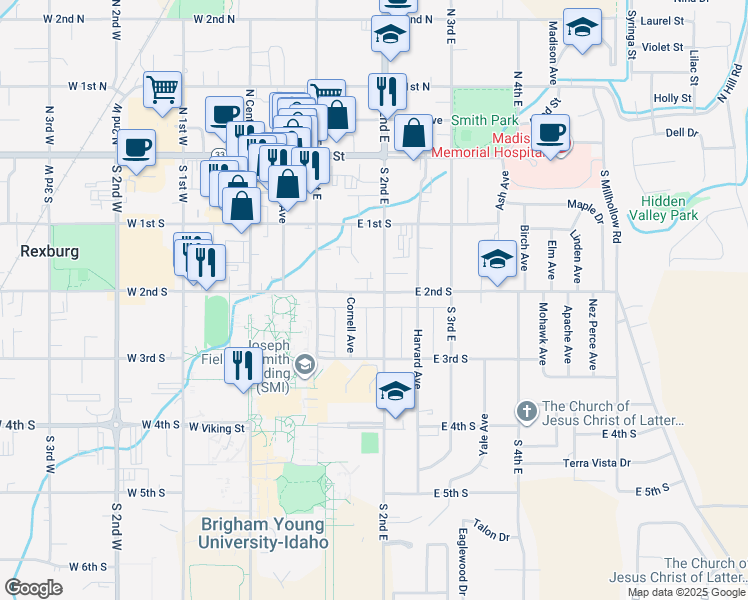 map of restaurants, bars, coffee shops, grocery stores, and more near 236 South 2nd East in Rexburg