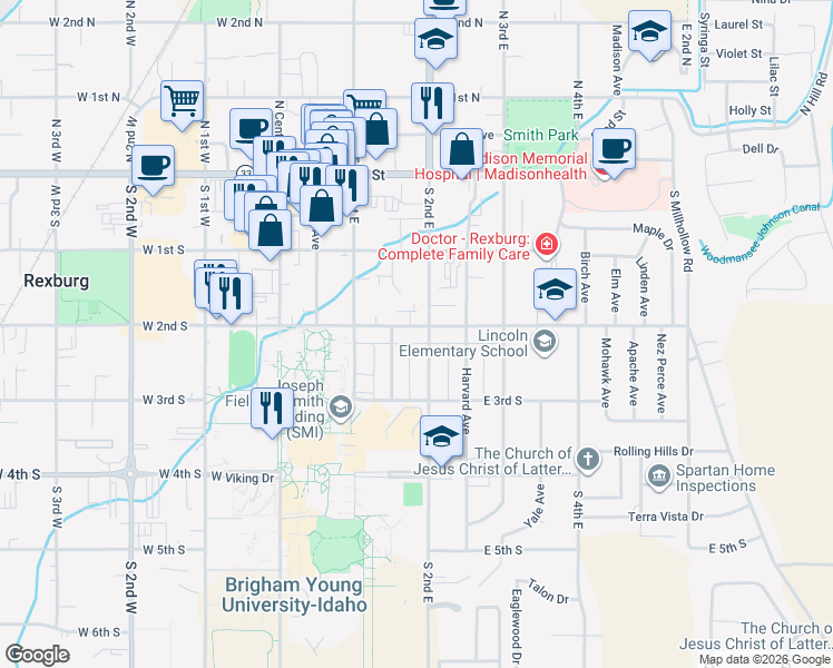 map of restaurants, bars, coffee shops, grocery stores, and more near 236 South 2nd East in Rexburg