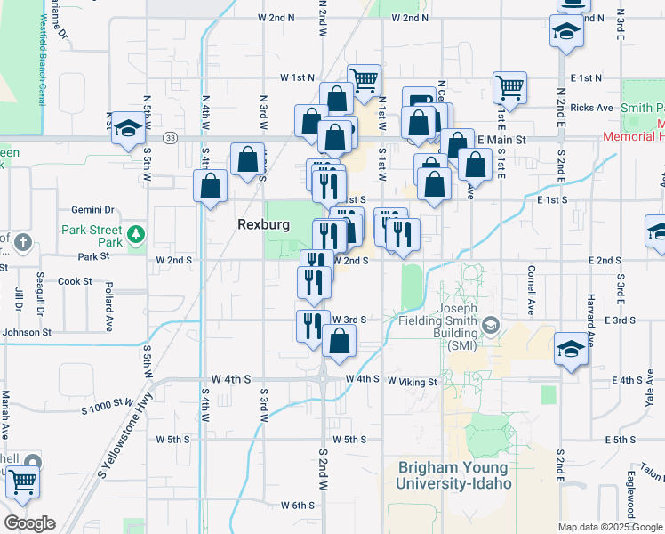 map of restaurants, bars, coffee shops, grocery stores, and more near 229 South 2nd West in Rexburg