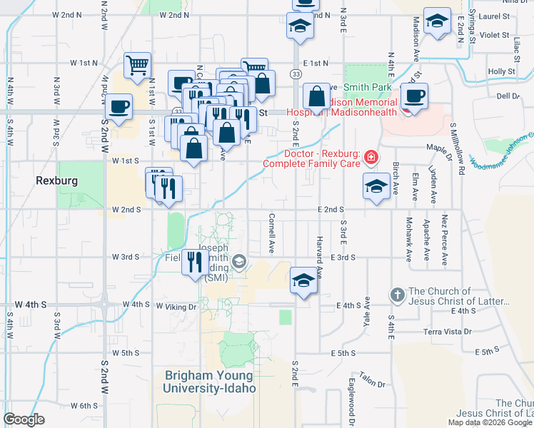 map of restaurants, bars, coffee shops, grocery stores, and more near 234 Cornell Avenue in Rexburg