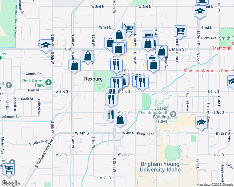 map of restaurants, bars, coffee shops, grocery stores, and more near 229 South 2nd West in Rexburg