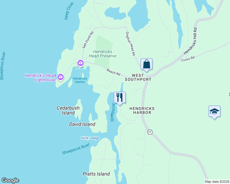 map of restaurants, bars, coffee shops, grocery stores, and more near 48 Cozy Harbor Road in Southport