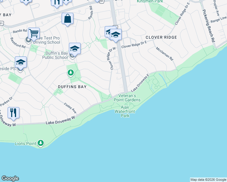 map of restaurants, bars, coffee shops, grocery stores, and more near 98 Clover Ridge Drive West in Ajax