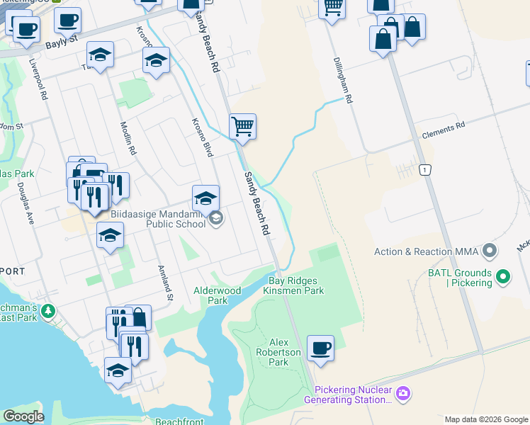 map of restaurants, bars, coffee shops, grocery stores, and more near in Pickering