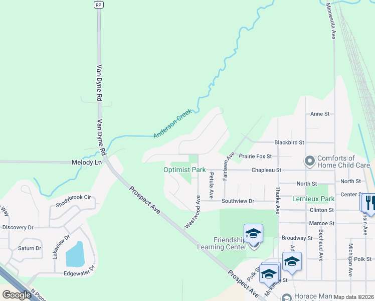 map of restaurants, bars, coffee shops, grocery stores, and more near 1732 Park Ridge Lane in North Fond du Lac