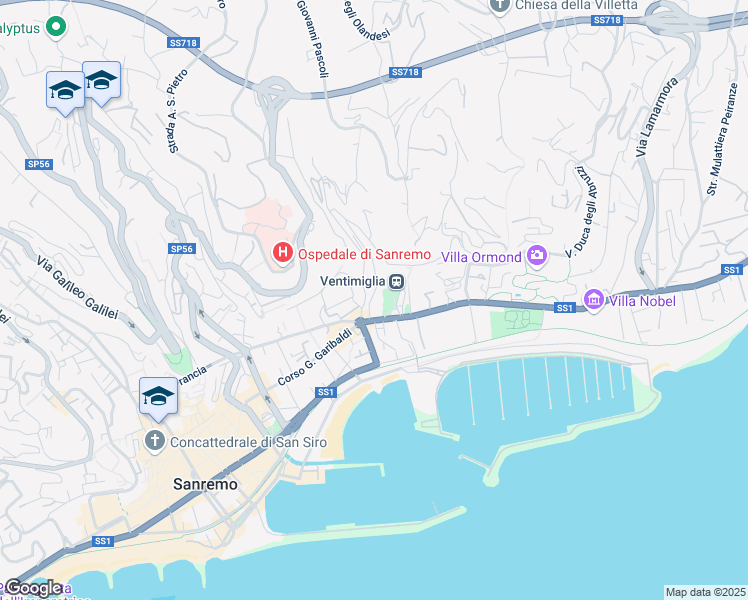 map of restaurants, bars, coffee shops, grocery stores, and more near 22 Corso Felice Cavallotti in Sanremo