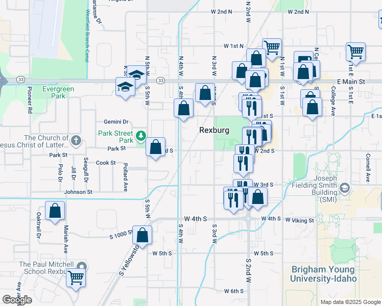 map of restaurants, bars, coffee shops, grocery stores, and more near 227 South 4th West in Rexburg
