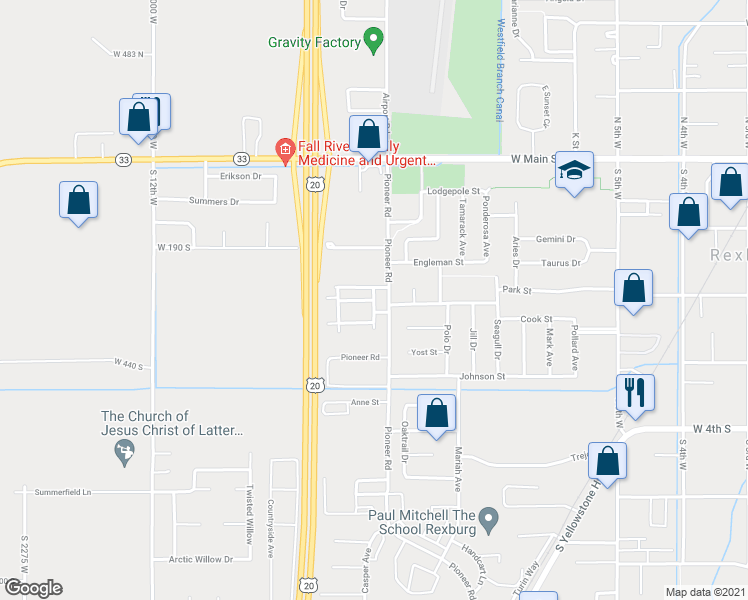 map of restaurants, bars, coffee shops, grocery stores, and more near 215 Georgetown Dr in Rexburg