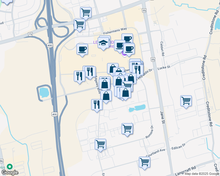 map of restaurants, bars, coffee shops, grocery stores, and more near 180 Bass Pro Mills Drive in Vaughan