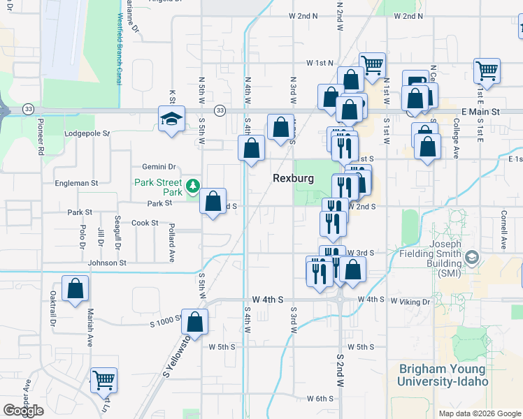 map of restaurants, bars, coffee shops, grocery stores, and more near 227 South 4th West in Rexburg