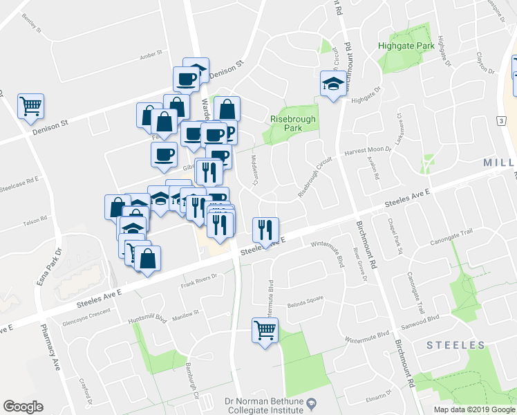 map of restaurants, bars, coffee shops, grocery stores, and more near Fullerton Crescent in Markham