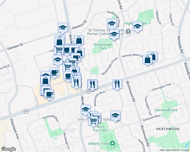 map of restaurants, bars, coffee shops, grocery stores, and more near 3 Cheeseman Drive in Markham