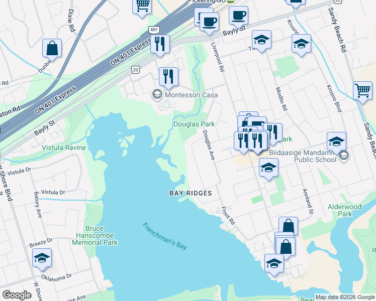 map of restaurants, bars, coffee shops, grocery stores, and more near 840 Fairview Avenue in Pickering