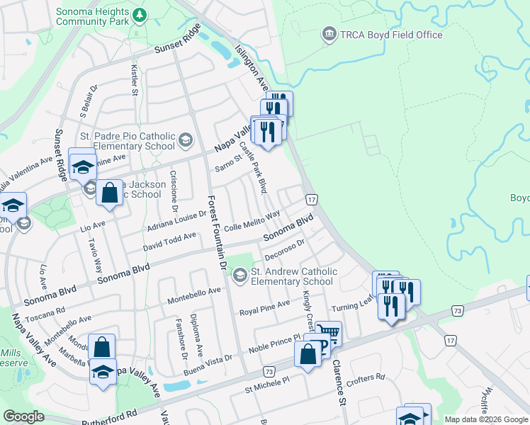 map of restaurants, bars, coffee shops, grocery stores, and more near 34 Castle Park Boulevard in Vaughan