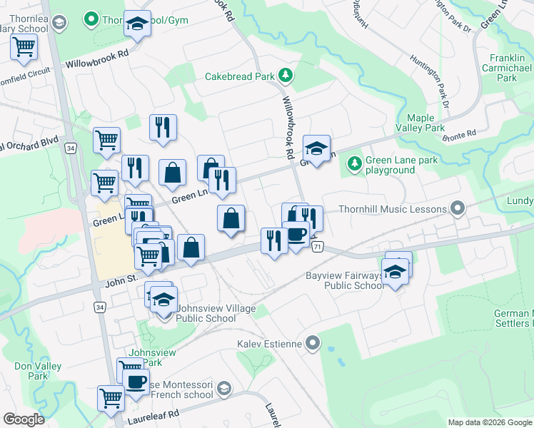 map of restaurants, bars, coffee shops, grocery stores, and more near 42 McKelvey Drive in Markham
