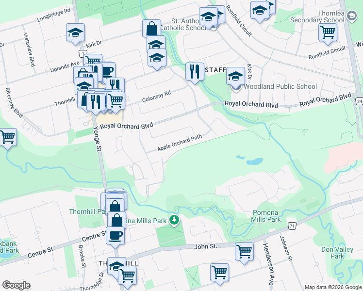 map of restaurants, bars, coffee shops, grocery stores, and more near 29 Apple Orchard Path in Markham