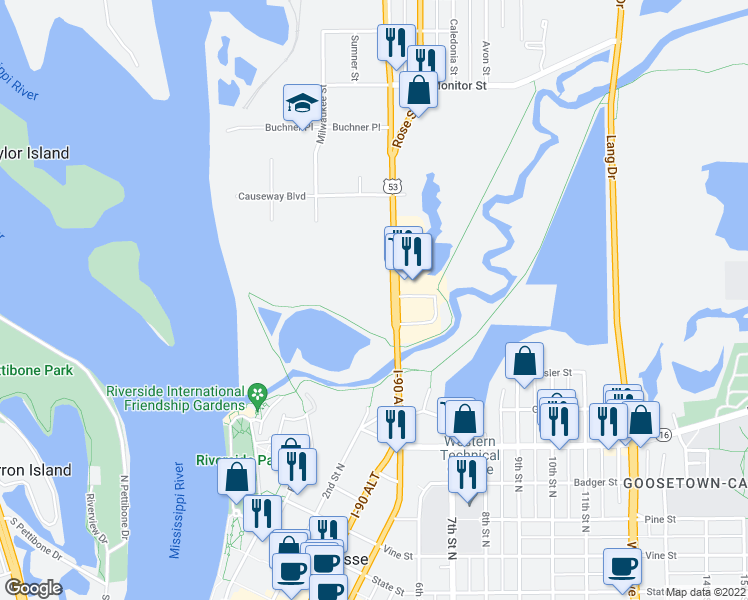 map of restaurants, bars, coffee shops, grocery stores, and more near 11 Copeland Avenue in La Crosse