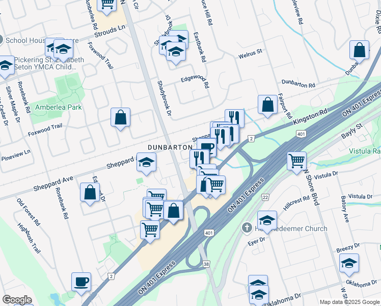 map of restaurants, bars, coffee shops, grocery stores, and more near 751 Sheppard Avenue in Pickering