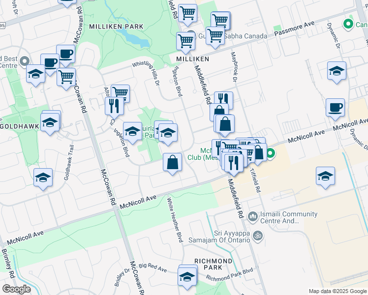 map of restaurants, bars, coffee shops, grocery stores, and more near 158 Ingleton Boulevard in Toronto