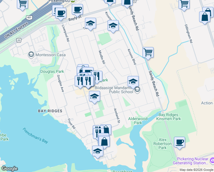 map of restaurants, bars, coffee shops, grocery stores, and more near 748 Krosno Boulevard in Pickering