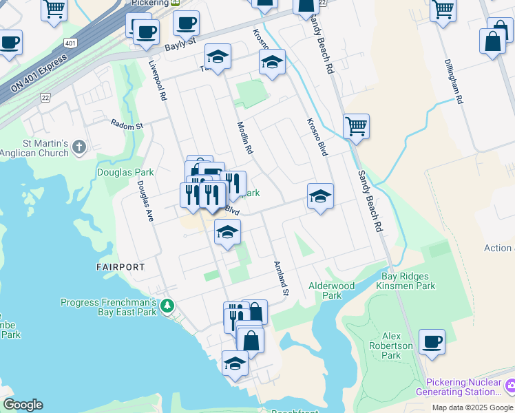 map of restaurants, bars, coffee shops, grocery stores, and more near 748 Krosno Boulevard in Pickering