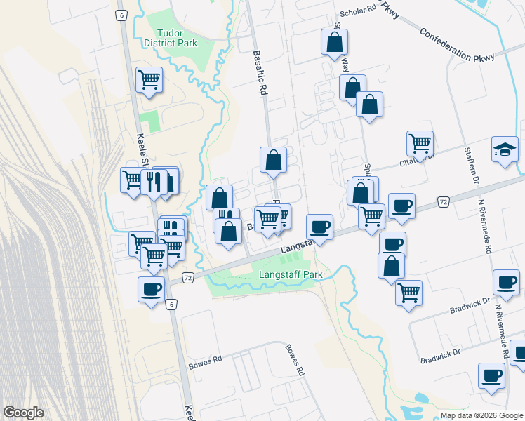 map of restaurants, bars, coffee shops, grocery stores, and more near 36 Basaltic Road in Vaughan