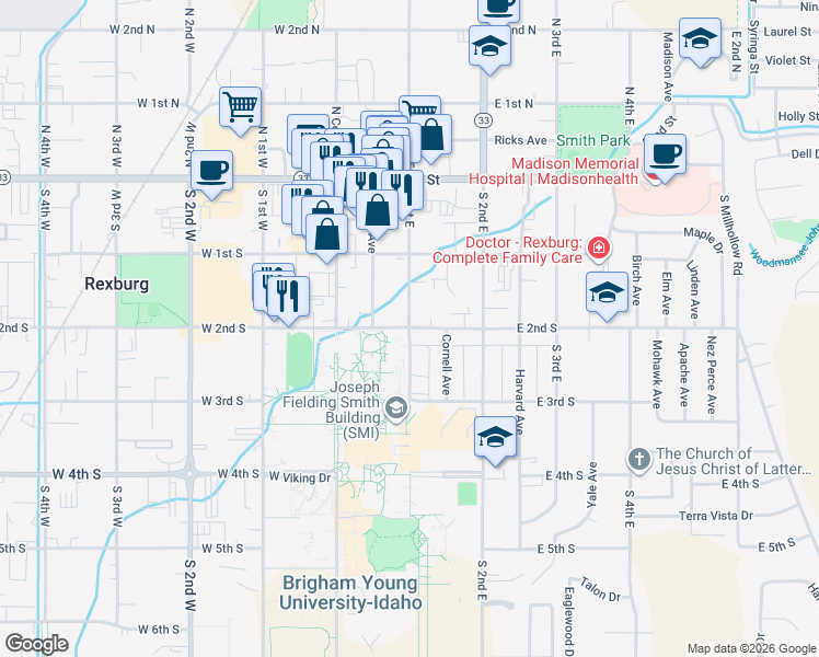 map of restaurants, bars, coffee shops, grocery stores, and more near 100 East 2nd South in Rexburg