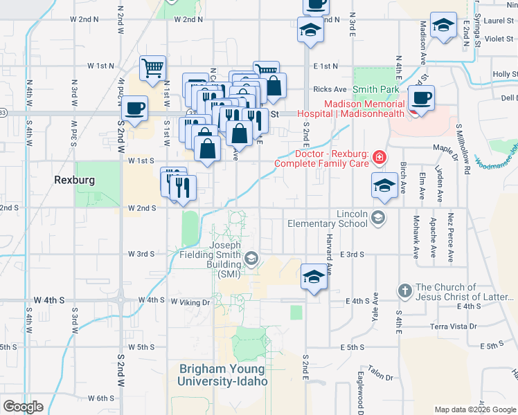 map of restaurants, bars, coffee shops, grocery stores, and more near 100 East 2nd South in Rexburg