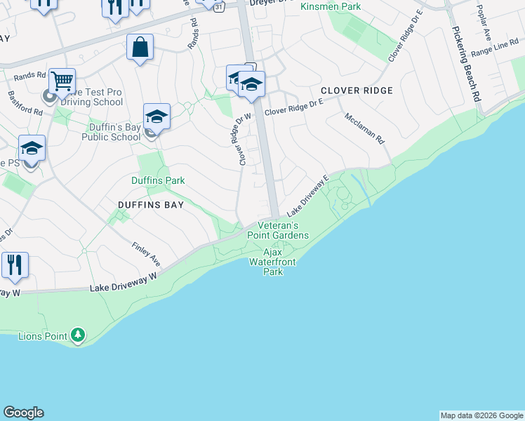 map of restaurants, bars, coffee shops, grocery stores, and more near 45 Cumberland Lane in Ajax