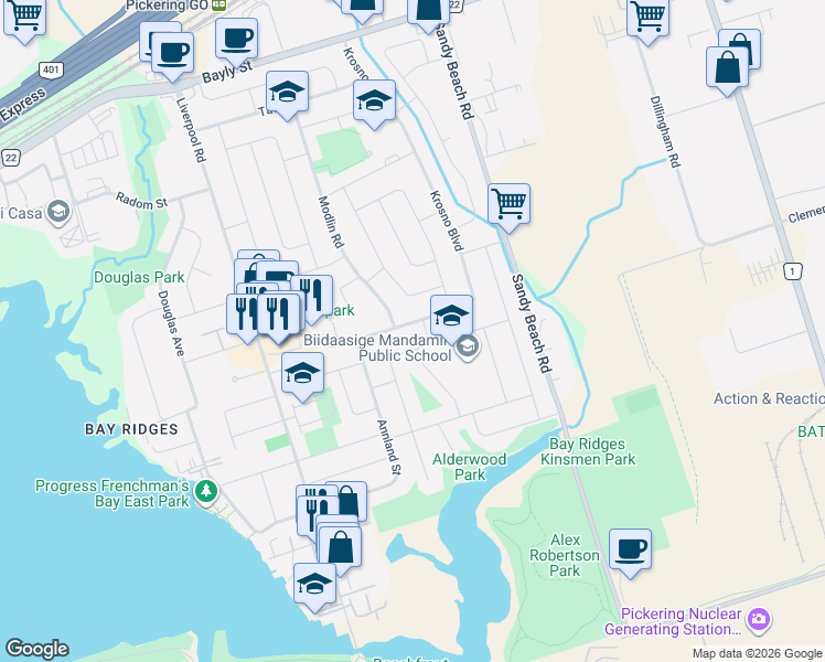 map of restaurants, bars, coffee shops, grocery stores, and more near 771 Krosno Boulevard in Pickering