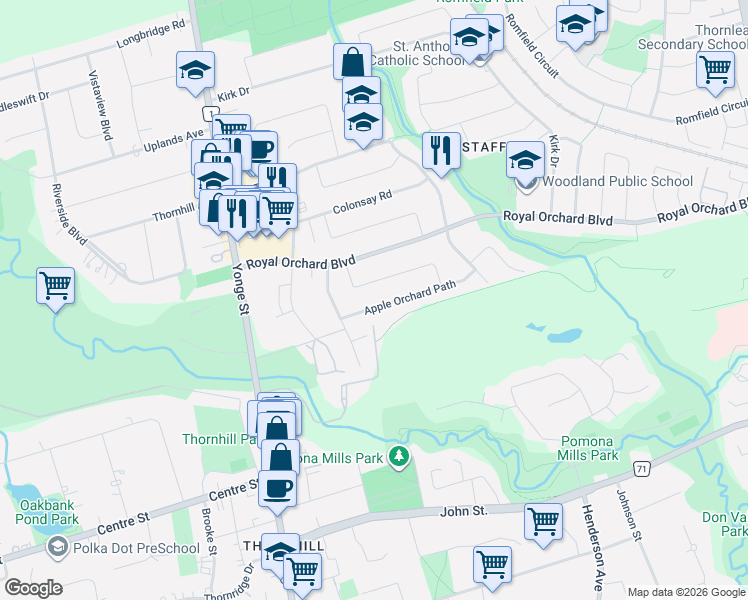 map of restaurants, bars, coffee shops, grocery stores, and more near 18 Wild Cherry Lane in Markham