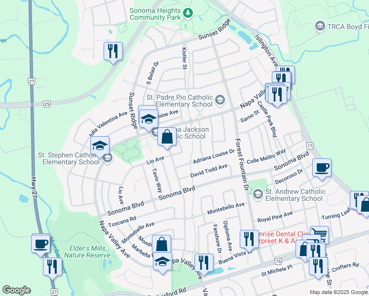 map of restaurants, bars, coffee shops, grocery stores, and more near 33 Alanno Way in Vaughan