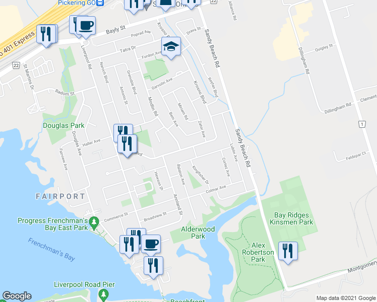 map of restaurants, bars, coffee shops, grocery stores, and more near in Pickering