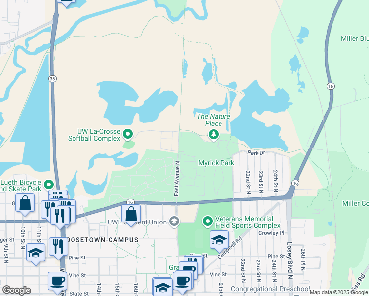 map of restaurants, bars, coffee shops, grocery stores, and more near 700-898 East Avenue N in La Crosse