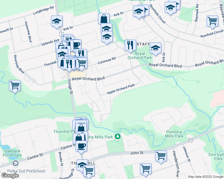 map of restaurants, bars, coffee shops, grocery stores, and more near 16 Apple Orchard Path in Markham