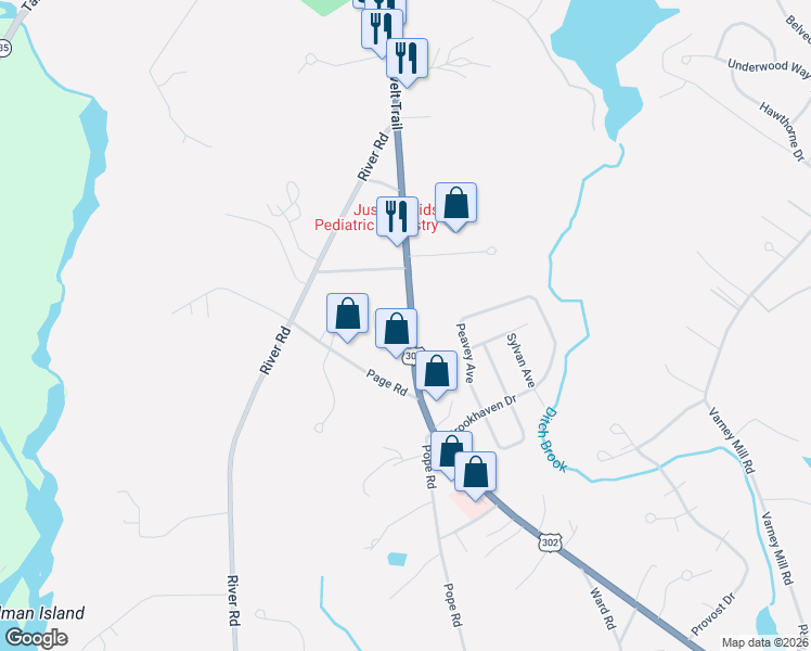 map of restaurants, bars, coffee shops, grocery stores, and more near 625 Roosevelt Trail in Windham