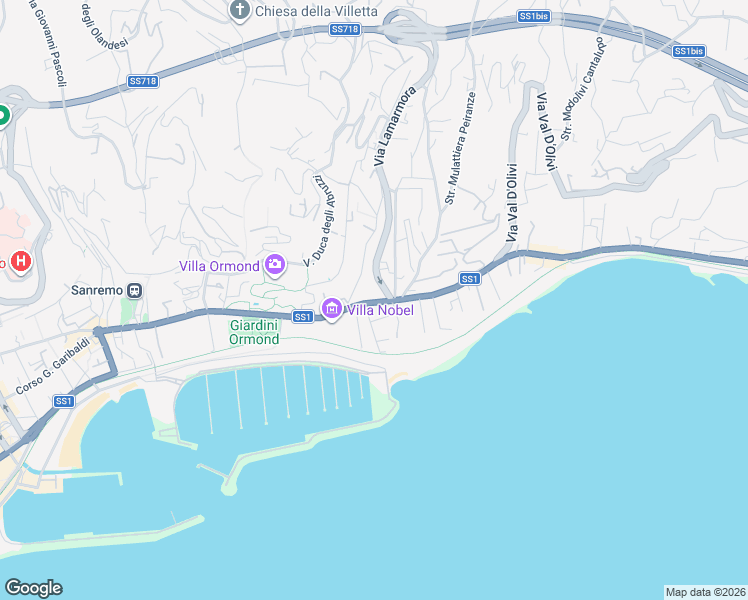 map of restaurants, bars, coffee shops, grocery stores, and more near 40 Via Alfonso Lamarmora in Sanremo