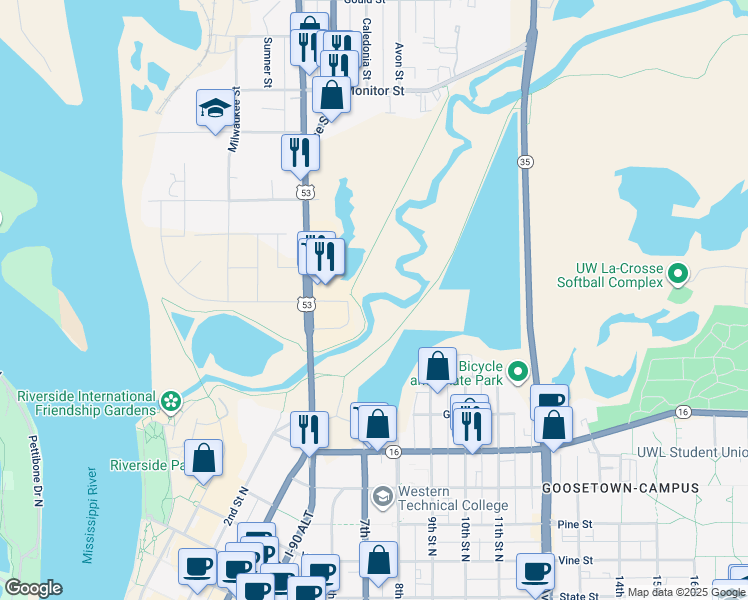map of restaurants, bars, coffee shops, grocery stores, and more near 28 Copeland Avenue in La Crosse
