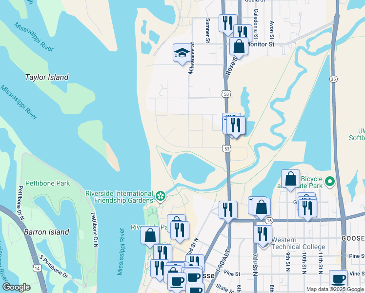 map of restaurants, bars, coffee shops, grocery stores, and more near 25 Copeland Avenue in La Crosse
