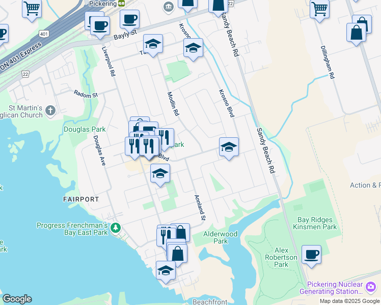 map of restaurants, bars, coffee shops, grocery stores, and more near 758 Krosno Boulevard in Pickering
