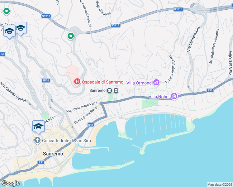 map of restaurants, bars, coffee shops, grocery stores, and more near 64 Via Duca degli Abruzzi in Sanremo